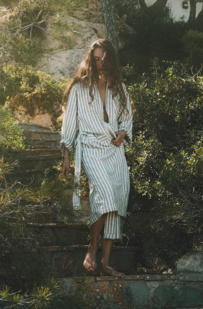 anna alexandra with striped grey robe
