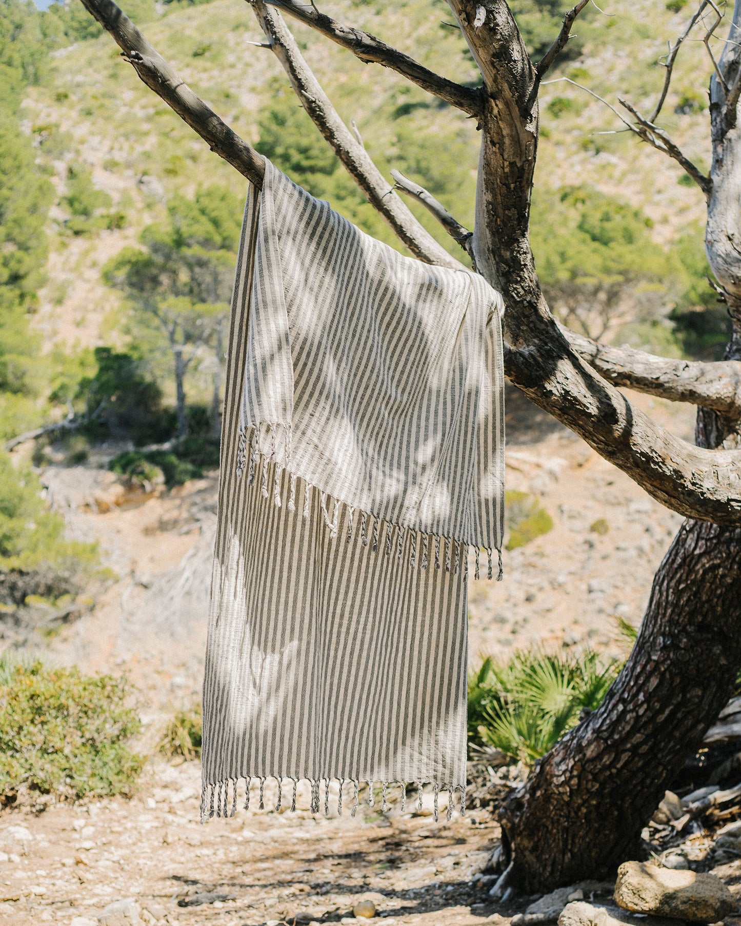 striped grey towel hanged on the nature